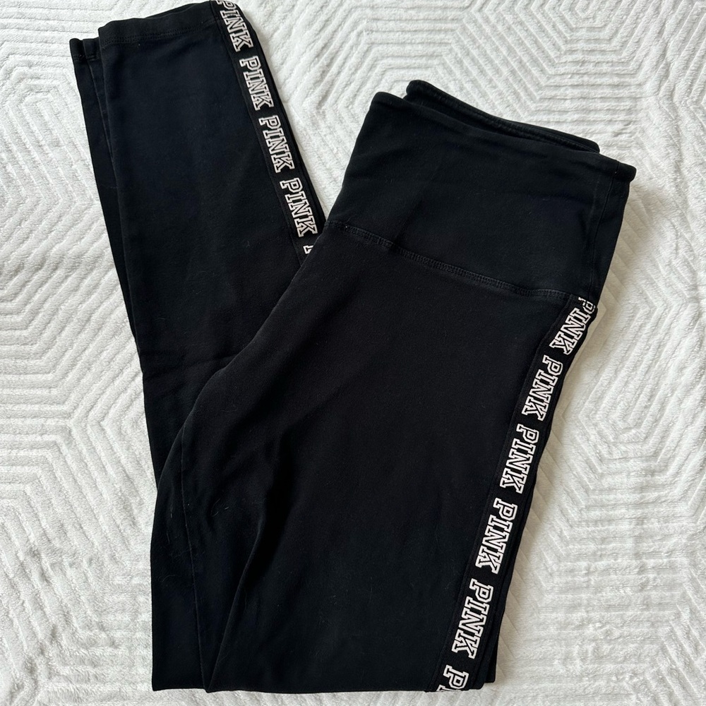 PINK Victoria's Secret Black Leggings with Side Logo Tape Size L